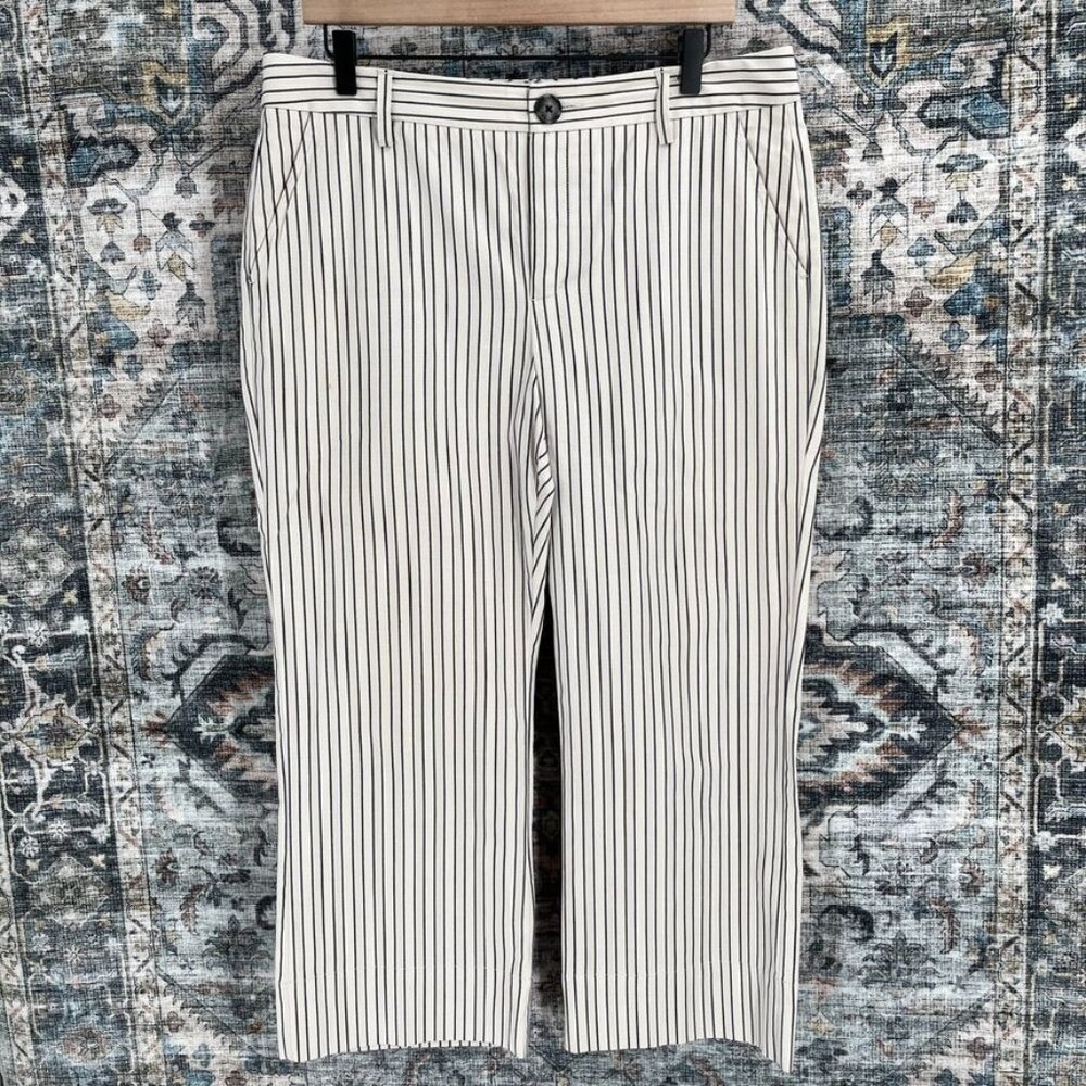 CAbi White Cropped Pants with Black Pinstripes